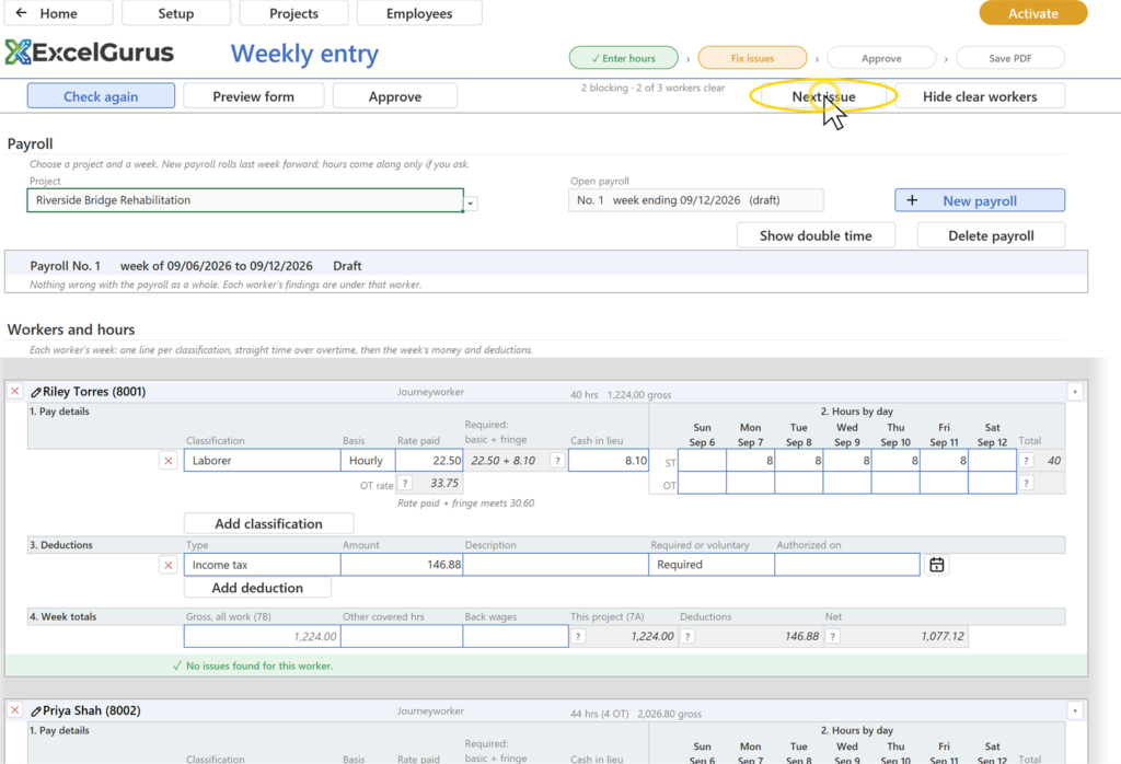 EG Certified Payroll tutorial, Weekly entry: The finding row goes and Check again turns amber, because the page has changed since the last check