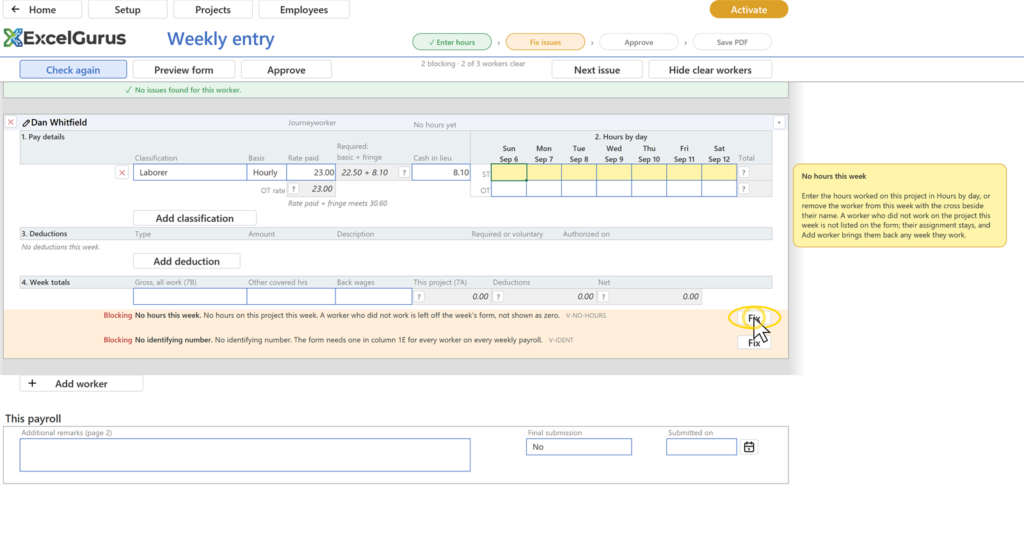 EG Certified Payroll tutorial, Weekly entry: The finding row goes and Check again turns amber, because the page has changed since the last check