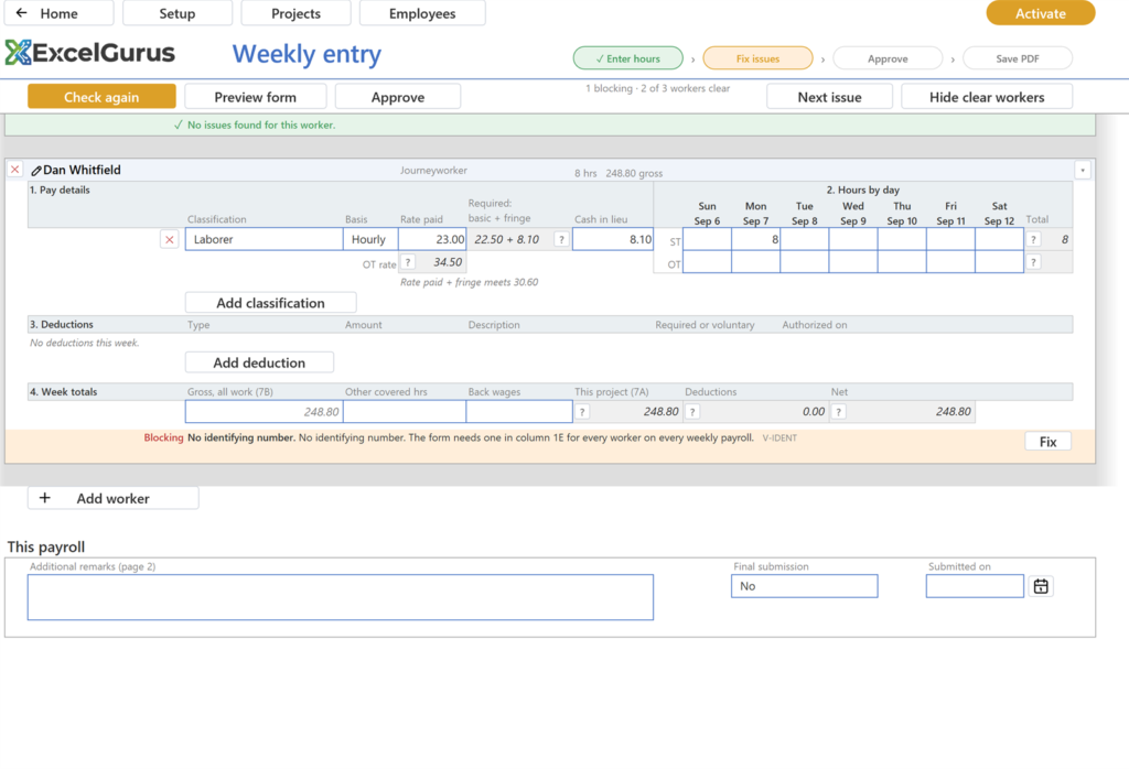 EG Certified Payroll tutorial, Weekly entry: The finding row goes and Check again turns amber, because the page has changed since the last check