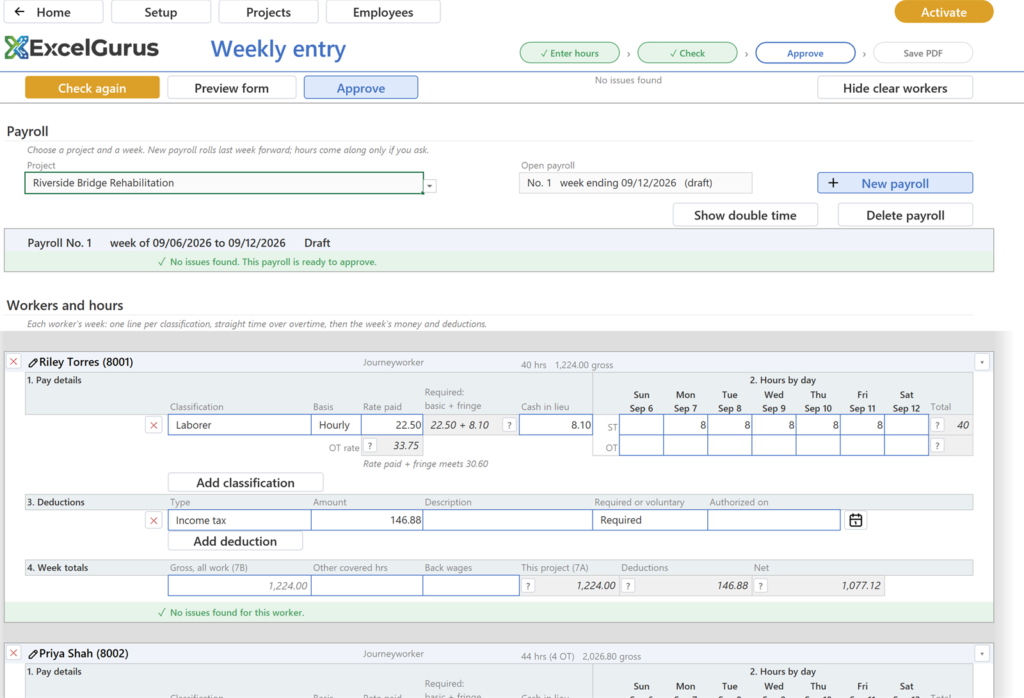 EG Certified Payroll tutorial, Weekly entry: The Weekly entry page again; the finding is gone and the band reads No issues found