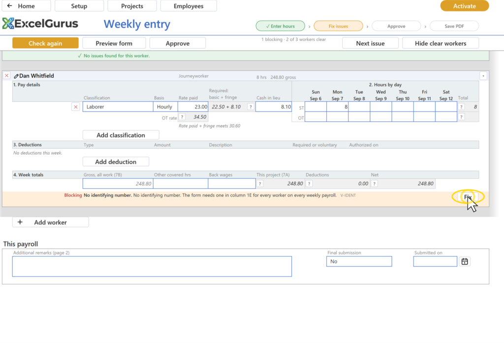 EG Certified Payroll tutorial, Weekly entry: The Weekly entry page again; the finding is gone and the band reads No issues found