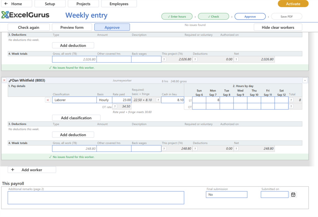 EG Certified Payroll tutorial, Weekly entry: The tally reads No issues found; the Check bubble is ticked; Approve in the header row is blue; Check again is white again
