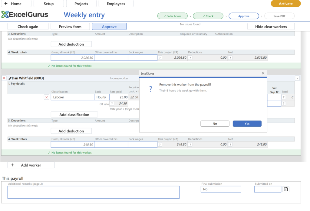 EG Certified Payroll tutorial, Weekly entry: The confirmation names his 8 hours; the card goes and two remain; Check again turns amber; the Add worker list offers Whitfield, Dan, with the others marked already on this payroll