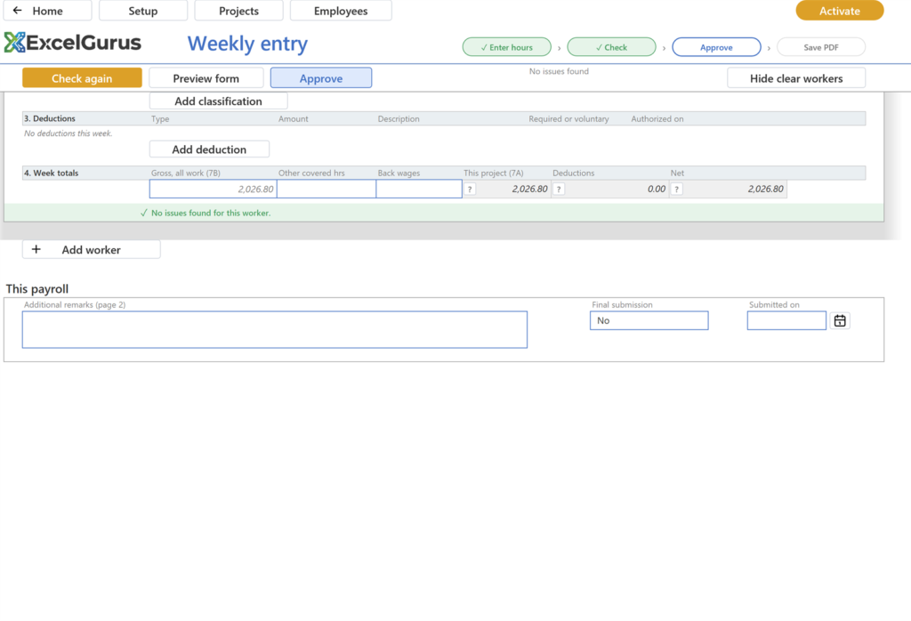 EG Certified Payroll tutorial, Weekly entry: The confirmation names his 8 hours; the card goes and two remain; Check again turns amber; the Add worker list offers Whitfield, Dan, with the others marked already on this payroll