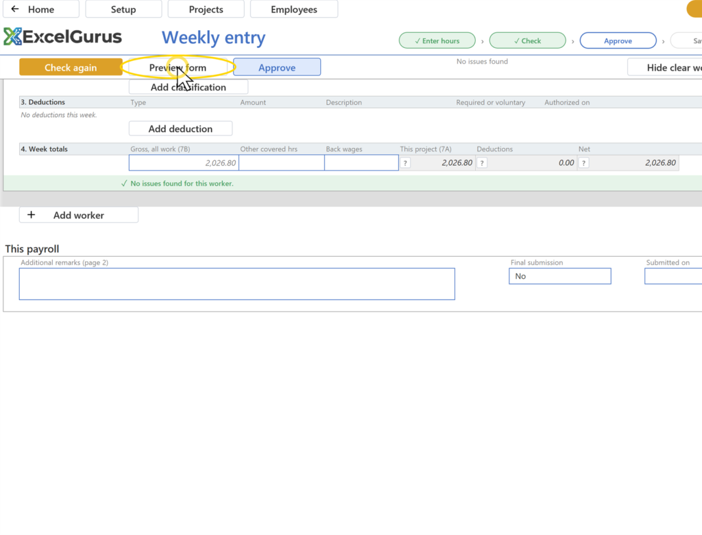 EG Certified Payroll tutorial, The form: The rendered form, page 1 of 2, with TRIAL COPY / NOT FOR SUBMISSION across it in red on the trial; the header row reads Back to entry, Home, Approve and Remove the mark; a dark strip with Page 1 of 2 and Next