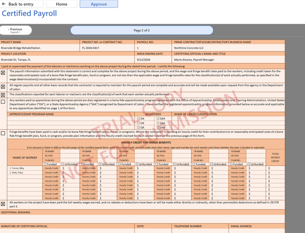 EG Certified Payroll tutorial, The form: Page 2, the Statement of Compliance, with the company and the certifying official's name and title from Setup