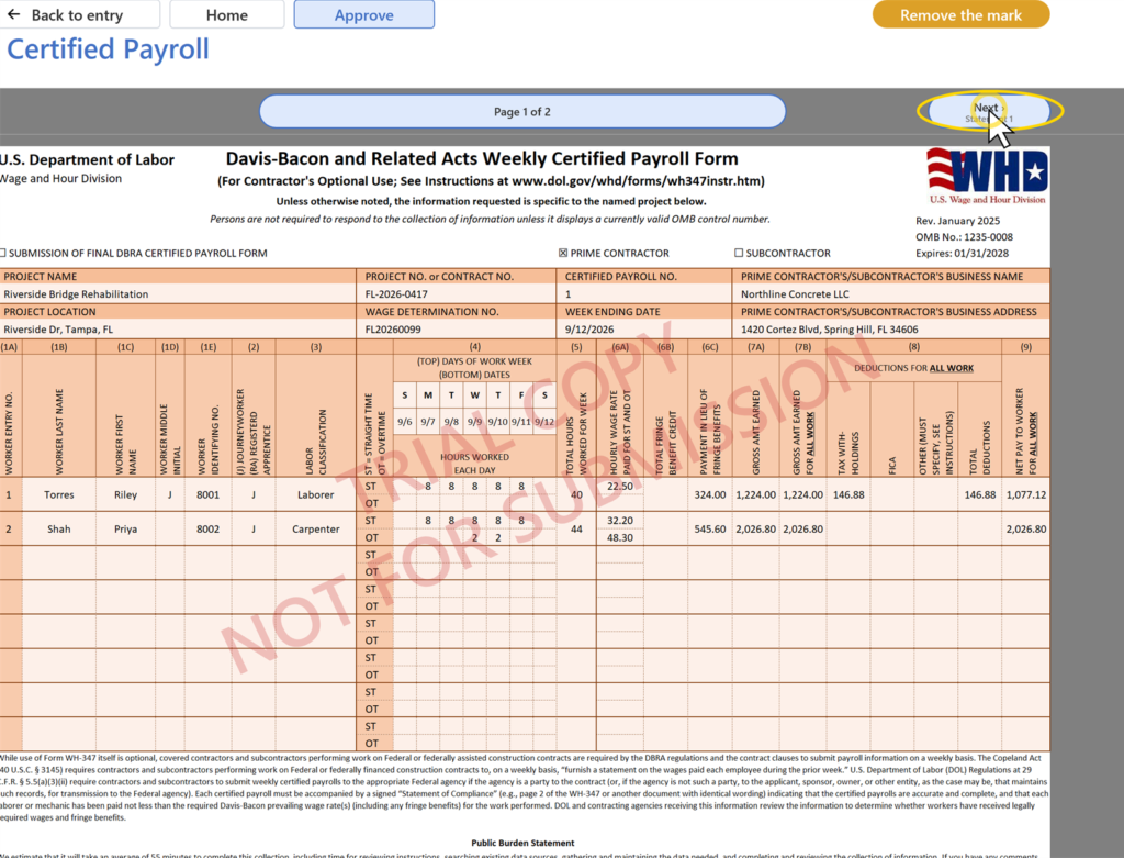 EG Certified Payroll tutorial, The form: Page 2, the Statement of Compliance, with the company and the certifying official's name and title from Setup