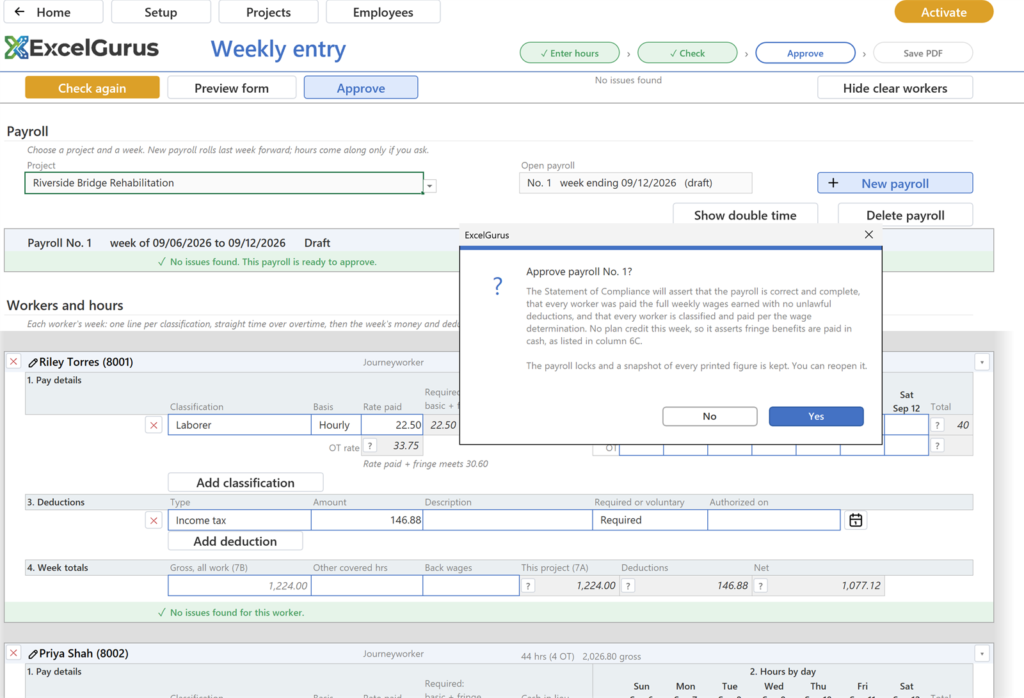 EG Certified Payroll tutorial, Approve, PDF: The band reads Approved with today's date and No issues found, Approved, Reopen to change anything; the crosses and Add buttons are gone; the header row reads Check again, Preview form, Reopen and Save PDF in blue; the strip ticks Approve