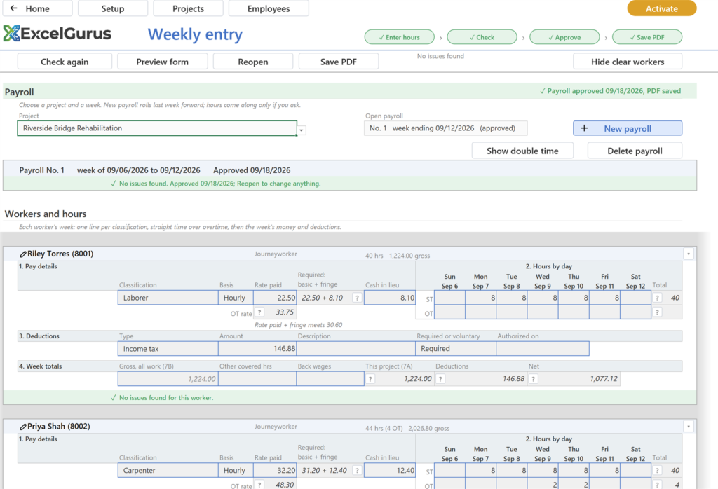 EG Certified Payroll tutorial, Approve, PDF: A message names the PDF's path, in a folder called Certified payrolls beside the workbook: two Letter pages, the red mark on each on the trial. Back on the entry page the band reads PDF saved and the strip ticks Save PDF