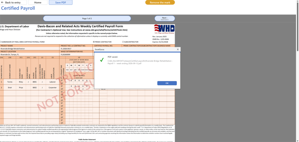 EG Certified Payroll tutorial, Approve, PDF: A message names the PDF's path, in a folder called Certified payrolls beside the workbook: two Letter pages, the red mark on each on the trial. Back on the entry page the band reads PDF saved and the strip ticks Save PDF
