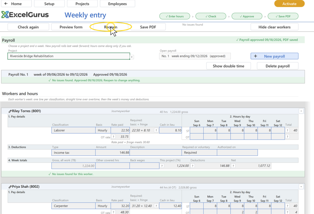 EG Certified Payroll tutorial, Approve, PDF: The confirmation says the approved version is kept; the band reads Draft again and the crosses and Add buttons are back