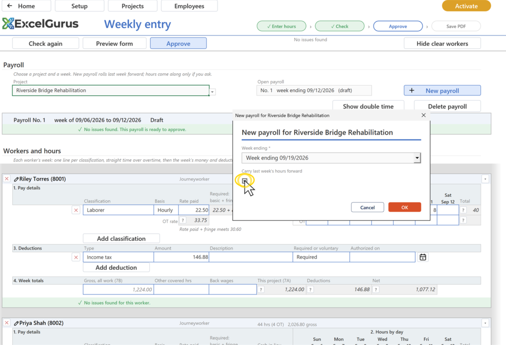 EG Certified Payroll tutorial, Approve, PDF: Payroll No. 2, the same workers with the same hours and deductions, and a note that they were carried forward and can be typed over