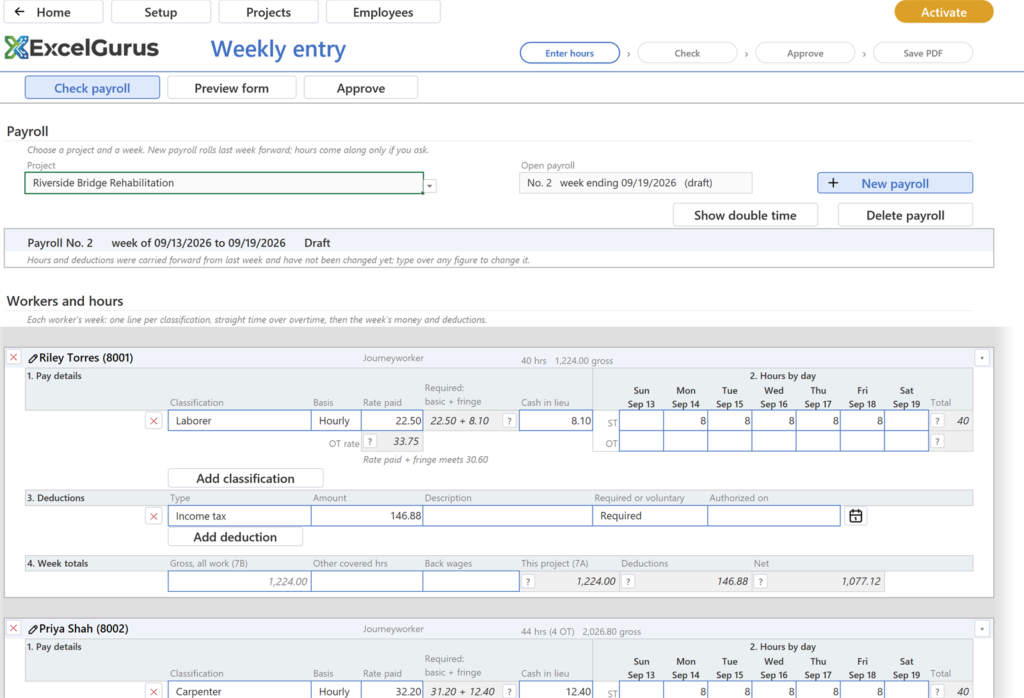 EG Certified Payroll tutorial, Approve, PDF: Payroll No. 2, the same workers with the same hours and deductions, and a note that they were carried forward and can be typed over