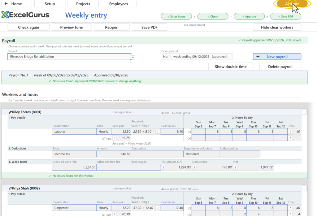 EG Certified Payroll tutorial, The licence: A dialog titled Activate License, with License Key and Email fields and three buttons: Buy a license at the left, Cancel and Activate at the right