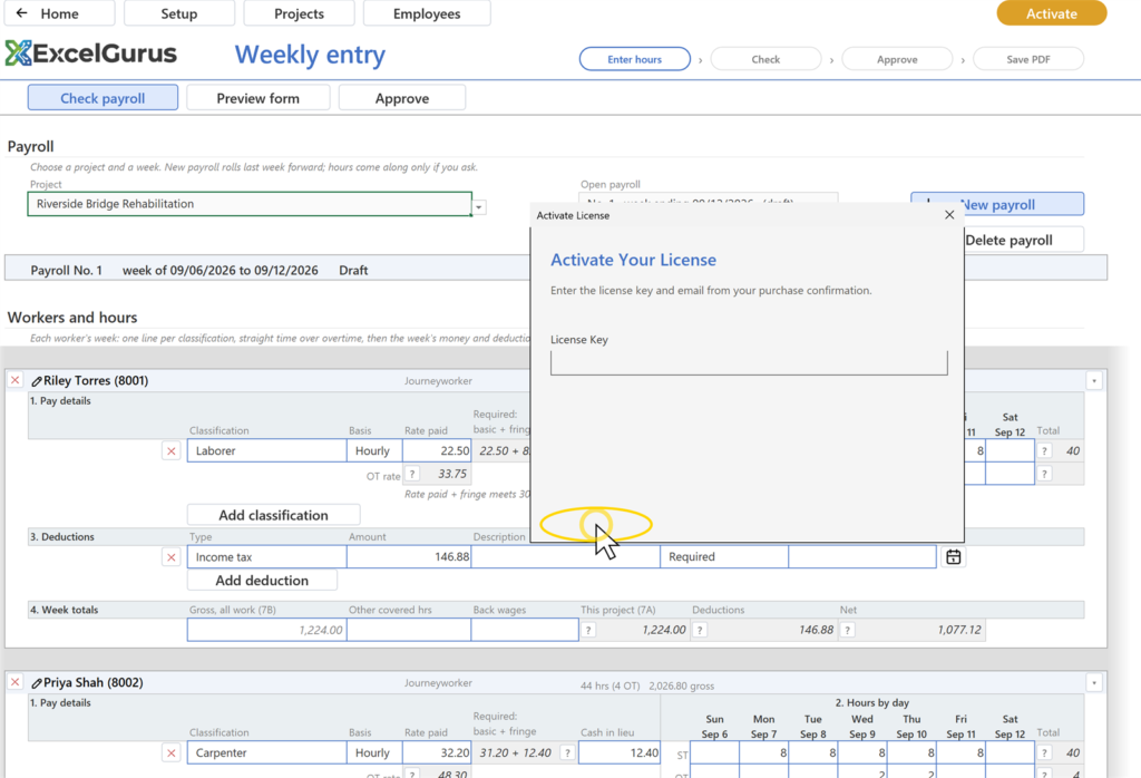 EG Certified Payroll tutorial, The licence: Your browser opens the product page on excel-gurus.com (the site's home page until the product page is published). Back in Excel, click Cancel