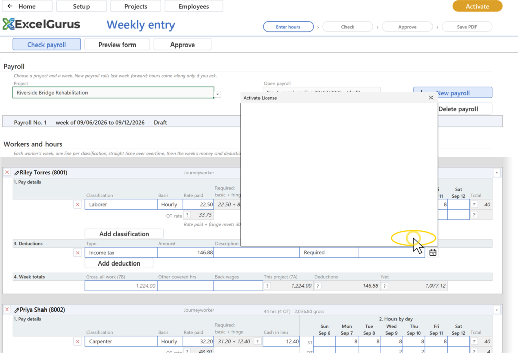EG Certified Payroll tutorial, The licence: A message saying License activated, with the licensee and licence type; after OK the chip reads Licensed in green on every page