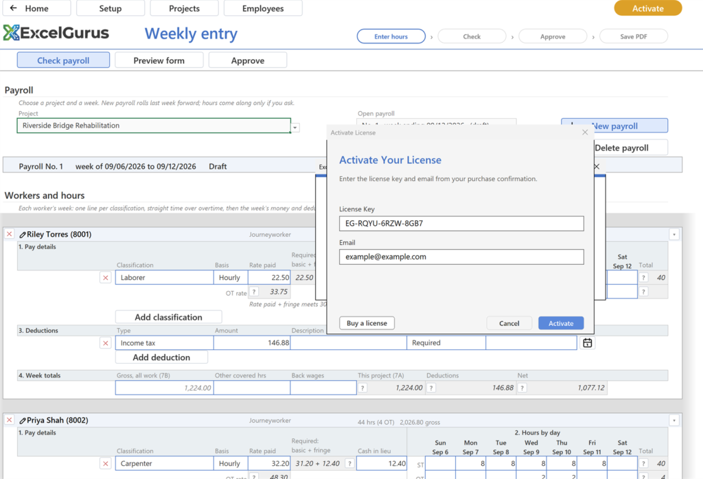 EG Certified Payroll tutorial, The licence: A message saying License activated, with the licensee and licence type; after OK the chip reads Licensed in green on every page