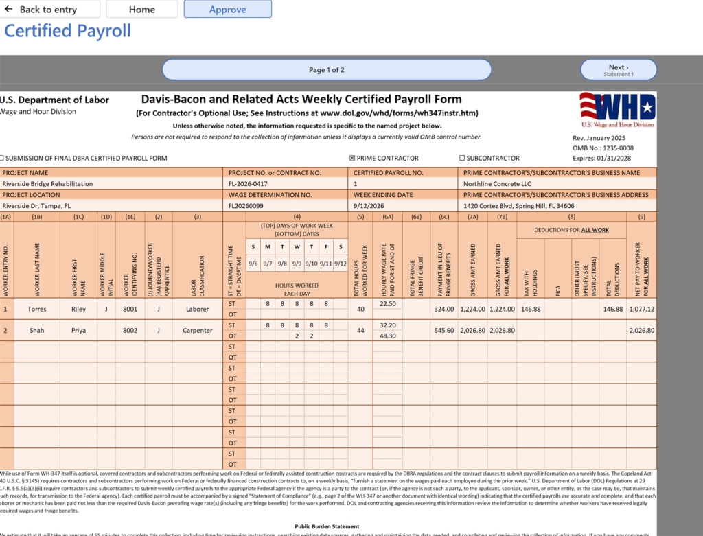 EG Certified Payroll tutorial, The licence: No red mark and no Remove the mark button: the licensed form is clean. Click Back to entry