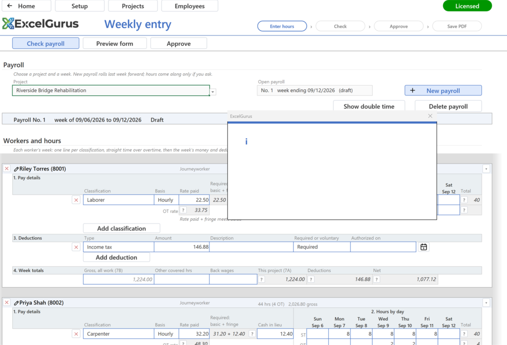EG Certified Payroll tutorial, The licence: A popup titled License: licensed to, status, key, products and machine, with Close and Deactivate. Click Close