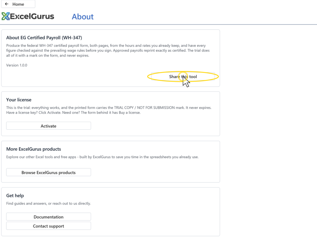 EG Certified Payroll tutorial, The licence: A small dialog with the product page link and a Copy link button. Close it