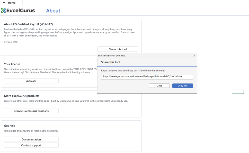 EG Certified Payroll tutorial, The licence: A small dialog with the product page link and a Copy link button. Close it
