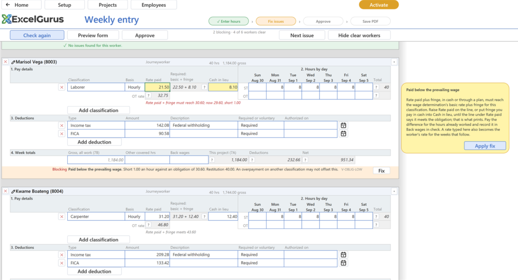 EG Certified Payroll tutorial, The sample project: Exactly two findings: Marisol Vega, Paid below the prevailing wage, and Dan Whitfield, No identifying number. Next issue lights Vega's Rate paid and Cash in lieu cells and opens a callout with an Apply fix button