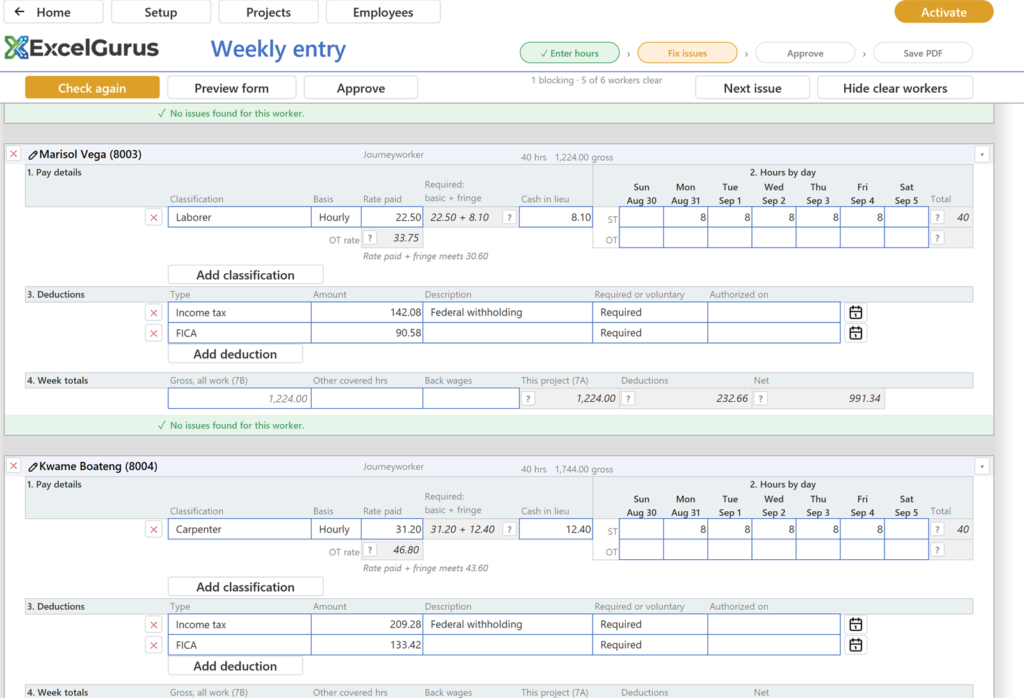EG Certified Payroll tutorial, The sample project: Vega's rate rises to meet the obligation (22.50) and her finding goes; the tally reads 1 blocking