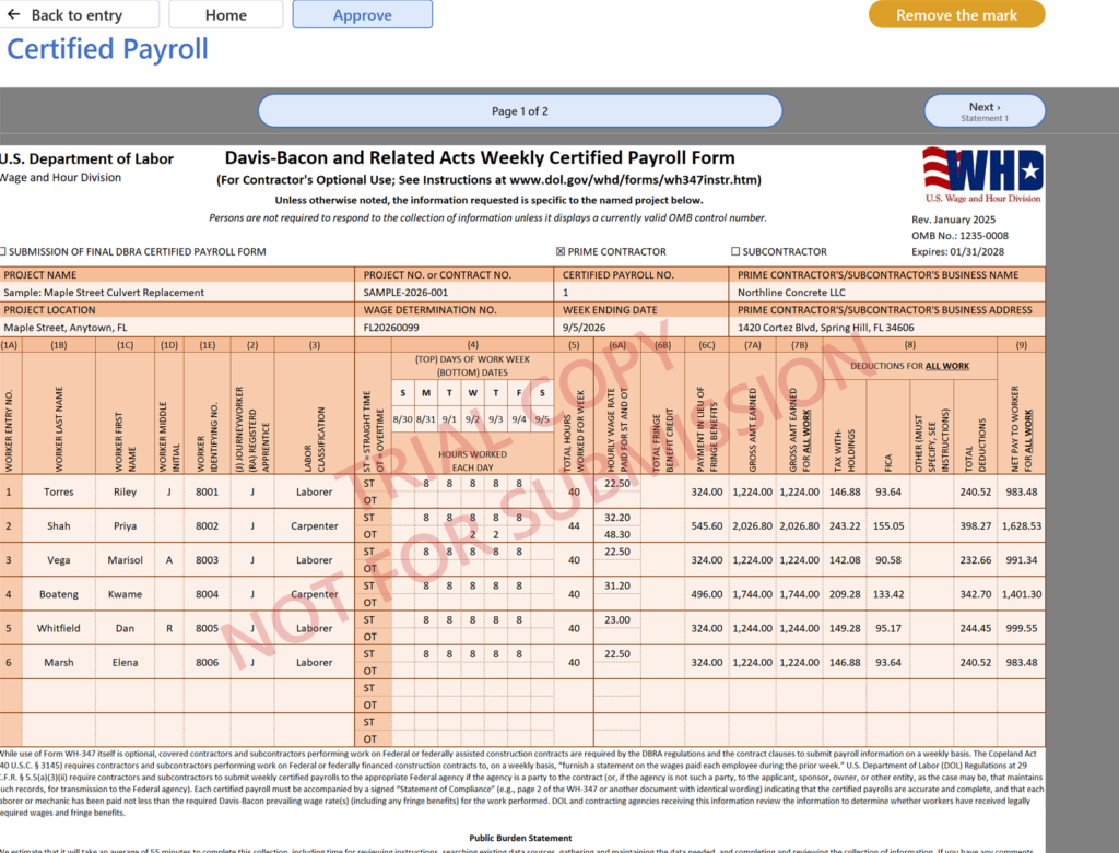 EG Certified Payroll tutorial, The sample project: The sample's six workers on the form, with the TRIAL COPY mark as on any other project. Back to entry