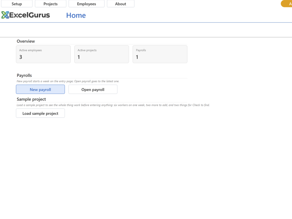 EG Certified Payroll tutorial, The sample project: The sample project, its workers, its week and its deductions are gone; your own project and employees are untouched; the tiles read 3, 1 and your payroll count