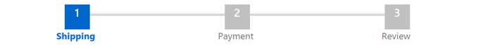 Three-step progress indicator across the top of the checkout form, with step one highlighted and connecting lines between the steps