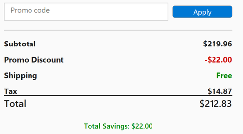 Order summary panel showing subtotal, promo discount, free shipping, tax and total, with savings highlighted in green
