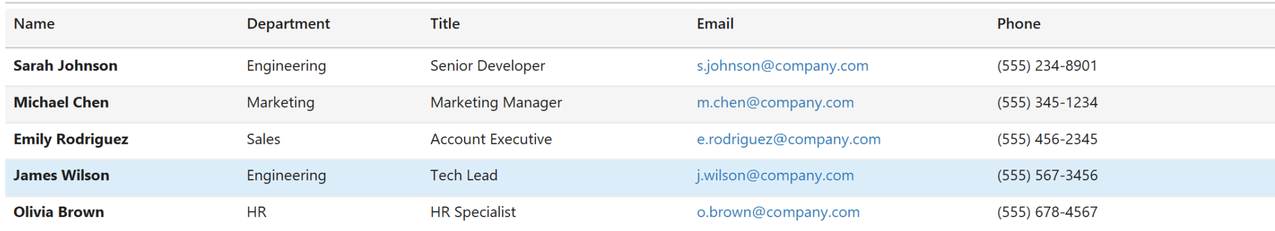 Employee data grid with column headers, alternating row shading, blue email addresses and one row highlighted as selected