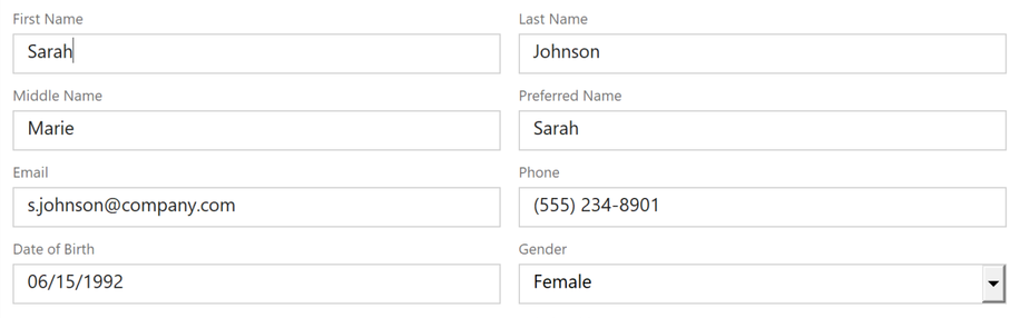 Two-column field layout on the employee form, each field with a small label above a bordered input box