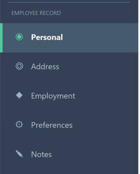 Dark sidebar navigation on the employee management form with five sections, the active one marked by a lighter background and an accent bar