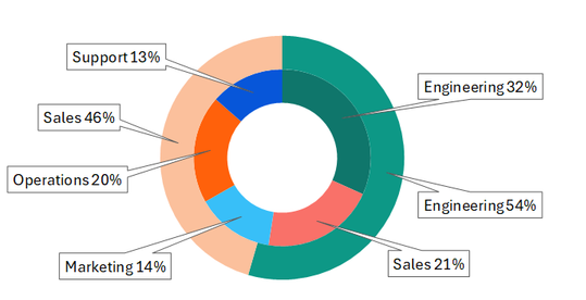 Nested ring chart showing headcount by department on the outer ring and by gender on the inner ring