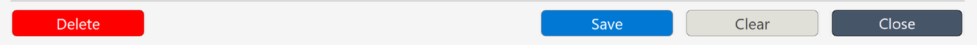 Row of flat colored buttons along the bottom of the invoice manager form: Delete, Save, Clear and Close