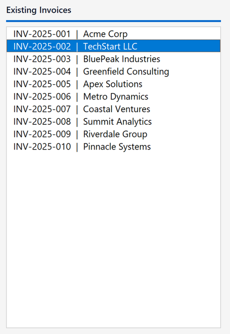 List of existing invoices in the invoice manager, with a heading and a colored accent rule above it