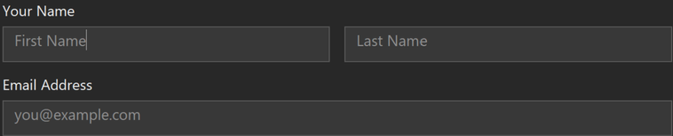 Name and email fields on the dark survey form, showing gray placeholder text inside each box