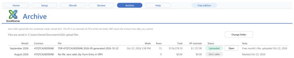 The Archive page listing each upload file the workbook made: September 2026 with 15 rows, a $154,278.10 total and a $1,157.09 IFF estimate, marked Uploaded, and August 2026 recorded as zero sales.