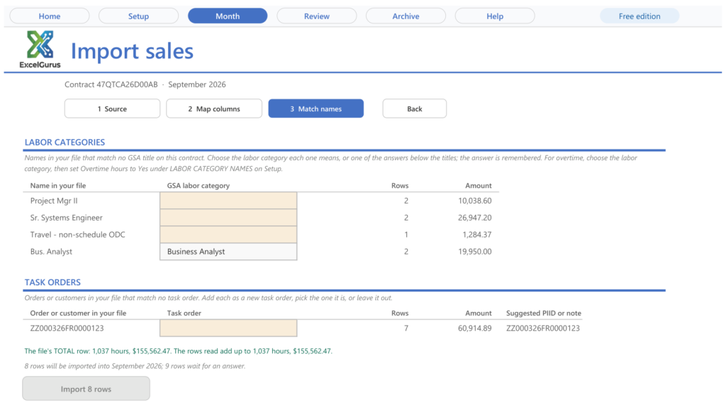 The Import sales page at step 3, Match names, for September 2026. Bus. Analyst is matched to the Business Analyst labor category, three other names and one task order still wait for an answer, and a line confirms the file's TOTAL row matches the rows read.