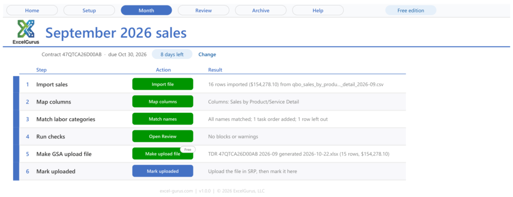 The Month page for September 2026 sales, due Oct 30, 2026 with 8 days left, listing six steps from Import sales to Mark uploaded. Steps 1 to 5 are done, ending with a 15-row upload file totaling $154,278.10, and Mark uploaded is the one step left.