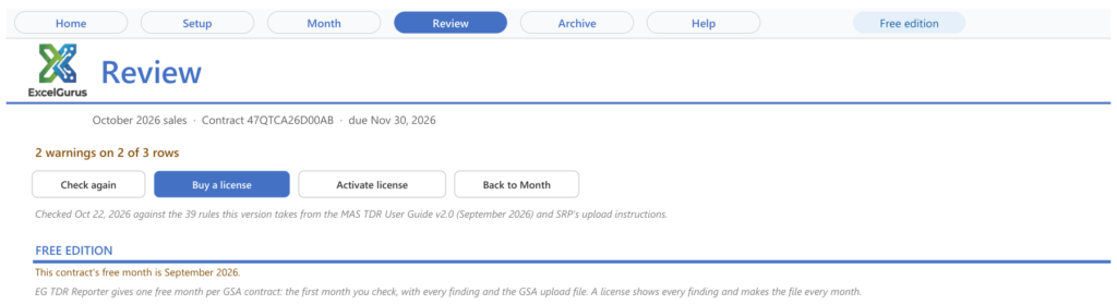 The Review page for October 2026 sales in the free edition, reporting 2 warnings on 2 of 3 rows without listing them. A FREE EDITION note says this contract's free month is September 2026, with Buy a license and Activate license buttons.