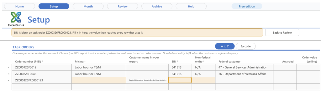 The Setup page opened from a Fix button, with a note saying the SIN is blank on one task order and a Back to Review button. In the TASK ORDERS table, the empty SIN cell for that order is outlined in orange.