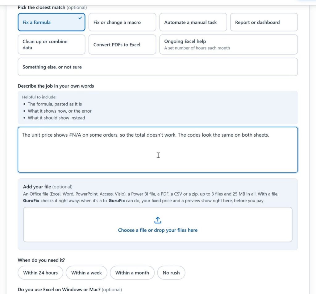 The GuruFix form with the Fix a formula card picked and the problem described in two sentences.