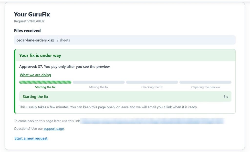 Your fix is under way: a progress bar with the stages Starting the fix, Making the fix, Checking the fix and Preparing the preview, and a clock.