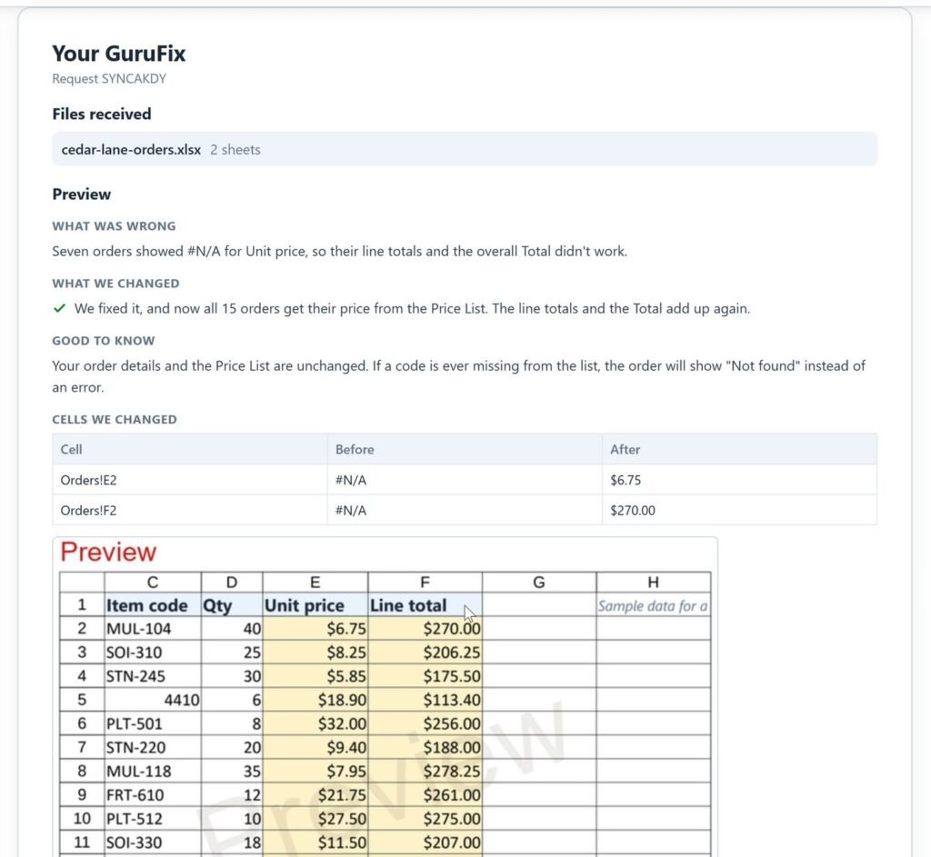 The preview: what was wrong, what we changed, good to know, the cells we changed with before and after values, and a picture of the corrected Orders sheet.