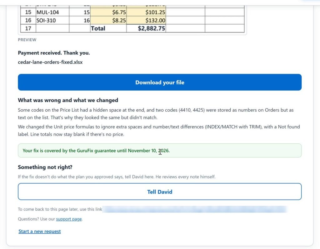 Payment received: the Download your file button for cedar-lane-orders-fixed.xlsx, what was wrong and what we changed, the guarantee date and the Something not right? button.