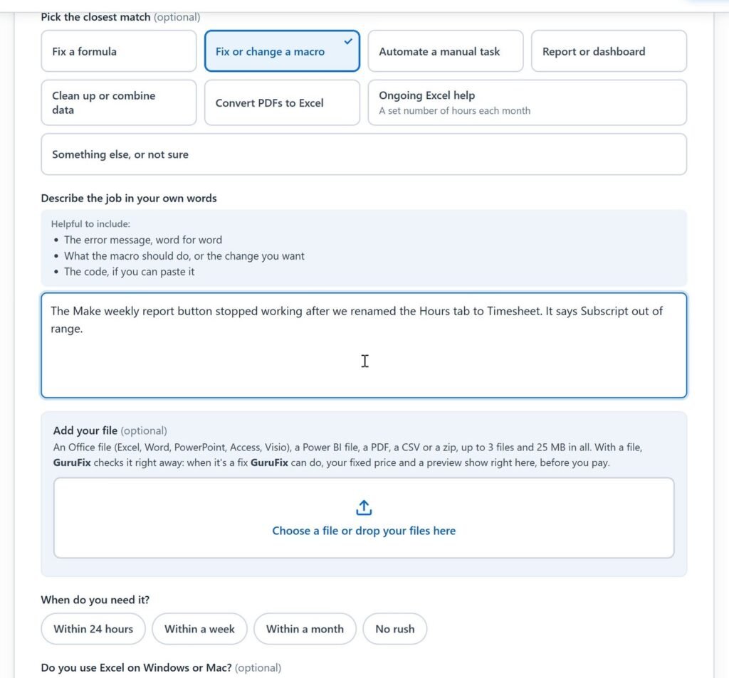 The GuruFix form with the Fix or change a macro card picked and the request typed.