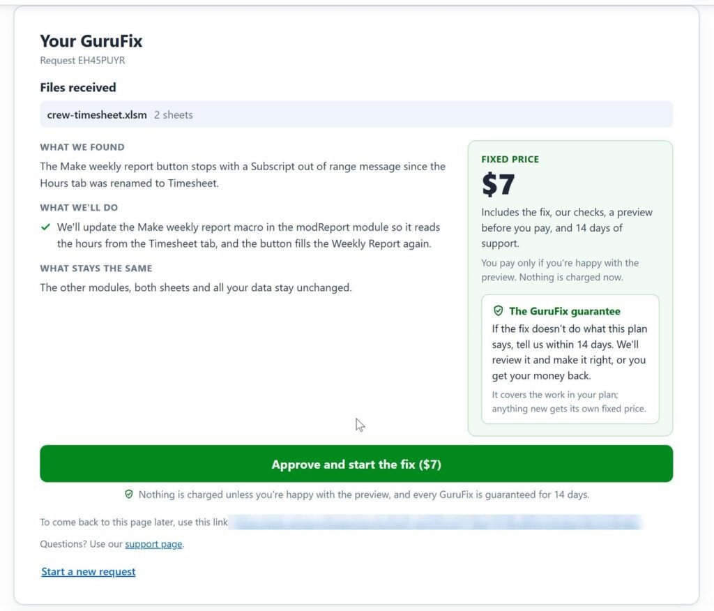 Your GuruFix: what we found, what we'll do, what stays the same, a fixed price of $7 and the Approve and start the fix button.