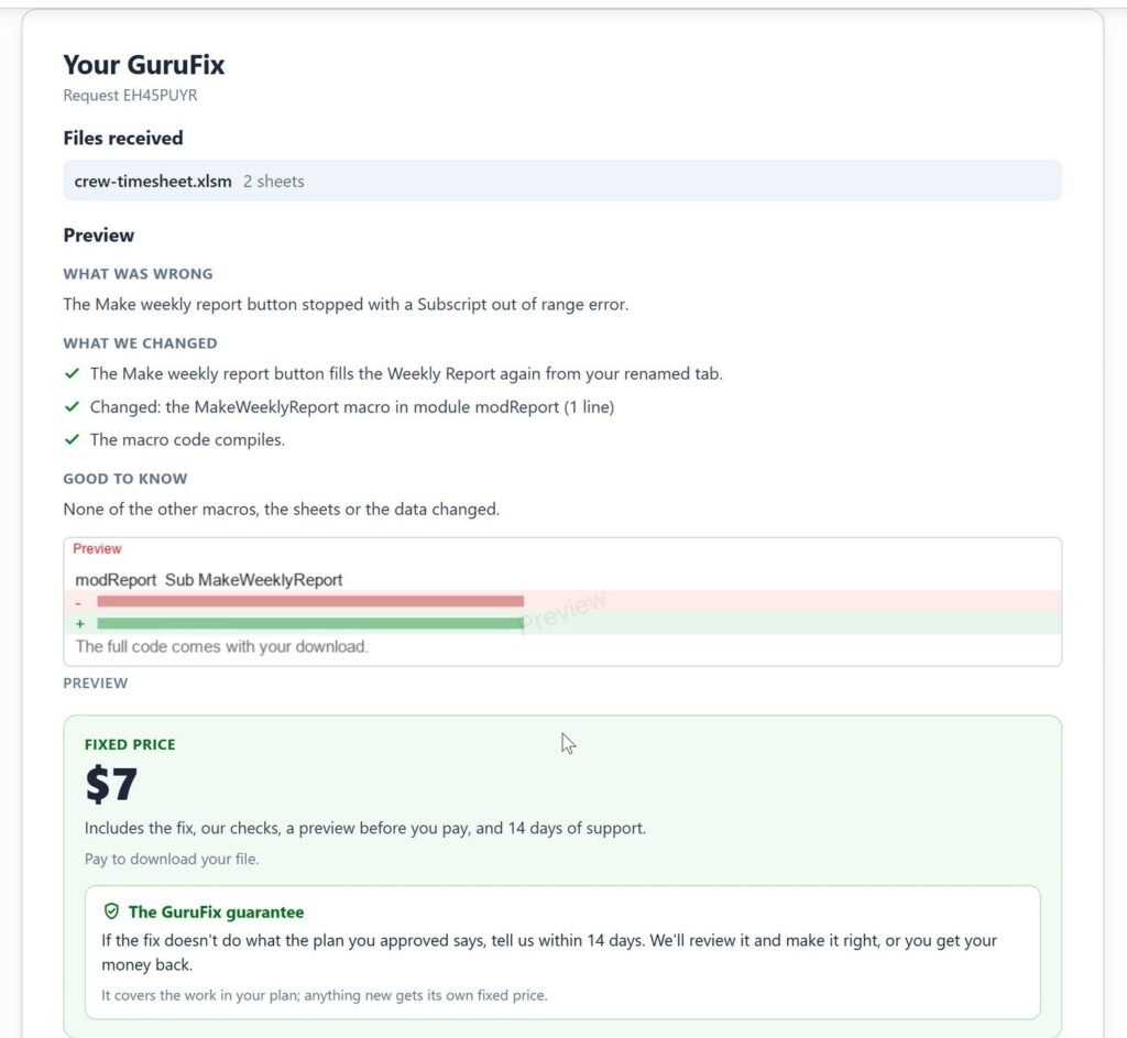 The preview: what was wrong, what we changed, the code compiles, the changed macro shown as one changed line, and the fixed price of $7.